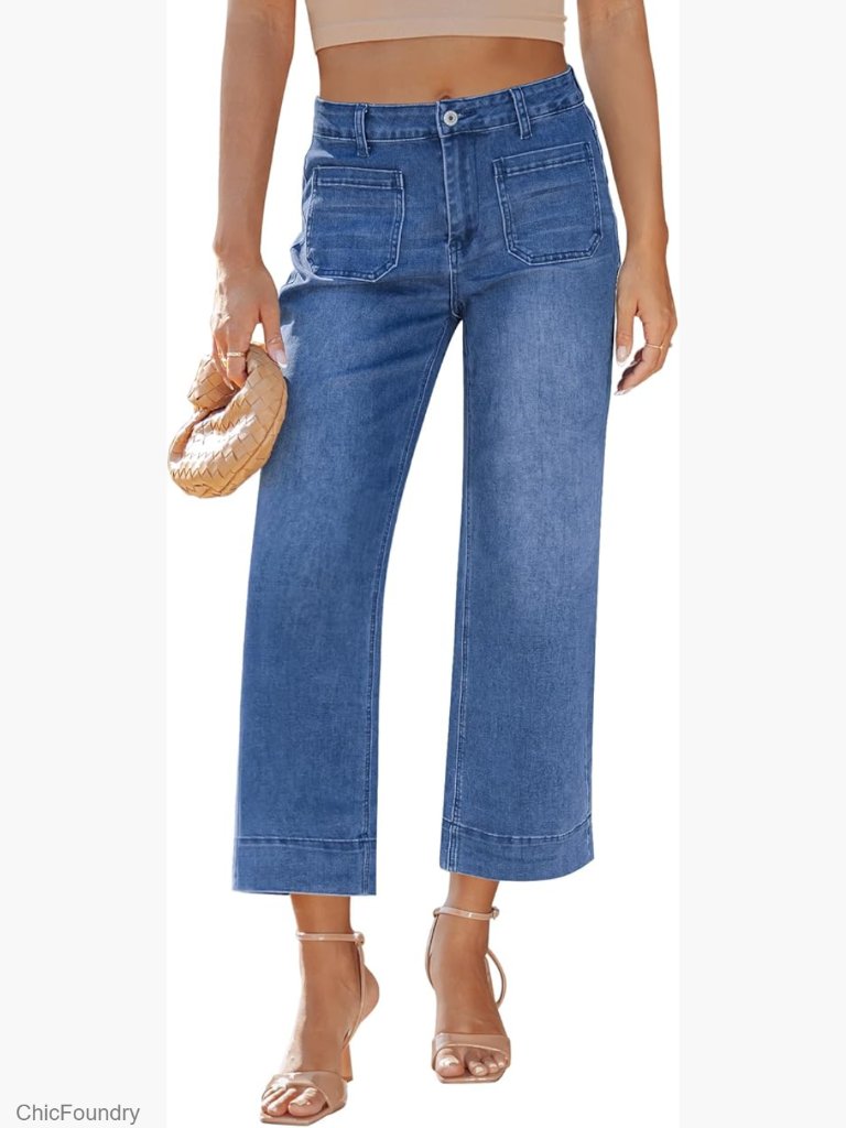 High Waisted Wide Leg Cropped Jeans Women Stretchy Denim Pants Baggy Flare